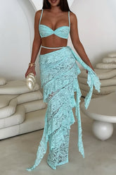 Lace Crop Cami Tiered Ruffled Streamer Maxi Skirt 2pcs Set - Blue